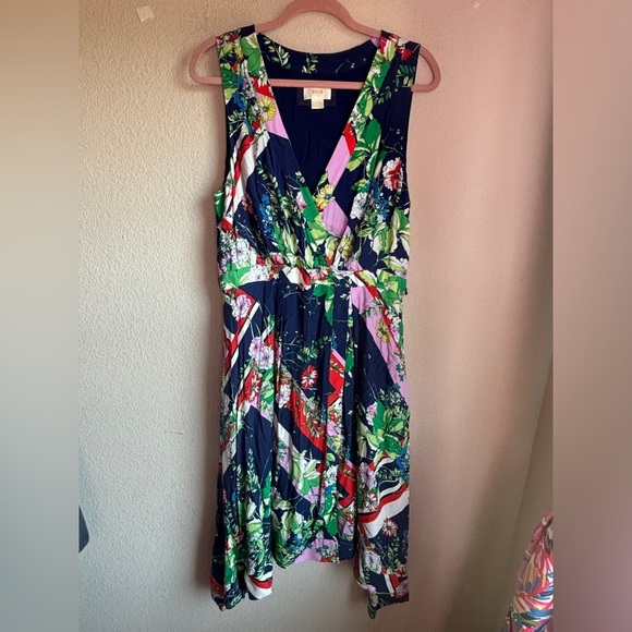 Maeve Anthropologie Spirited Navy Floral Stripe Print Faux Wrap Midi Dress 16 - Picture 13 of 13